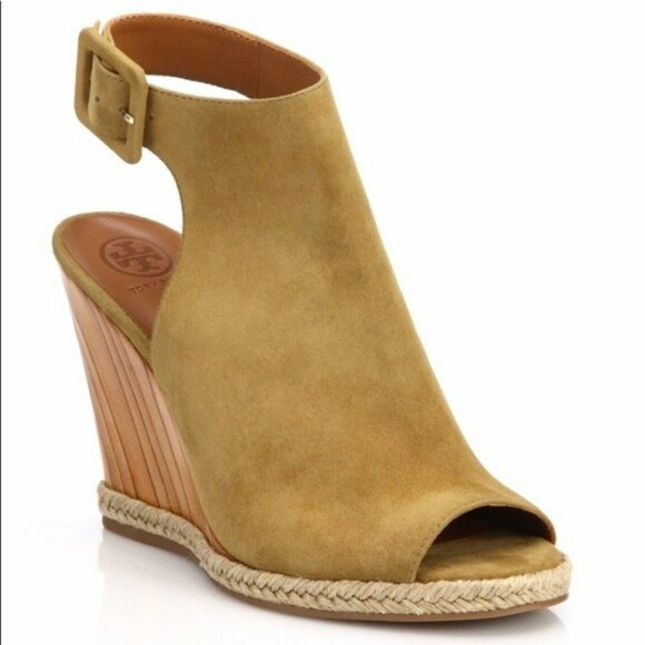 Tory Burch Tan Suede Leather Open Peep Toe Wood Wedge Slingback Heels Sandals 8 - Picture 1 of 14